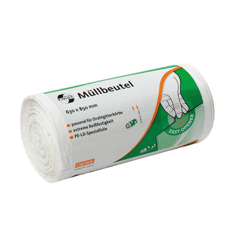 Een rol 80-liter DEISS First Plus® vuilniszakken, geproduceerd door EMIL DEISS KG (GmbH + Co.), met groen-oranje etikettering. De Premium-LDPE-verpakking heeft de afmetingen 630 x 850 mm en benadrukt eigenschappen zoals 'extreme scheurvastheid' en 'gemakkelijk openen'.