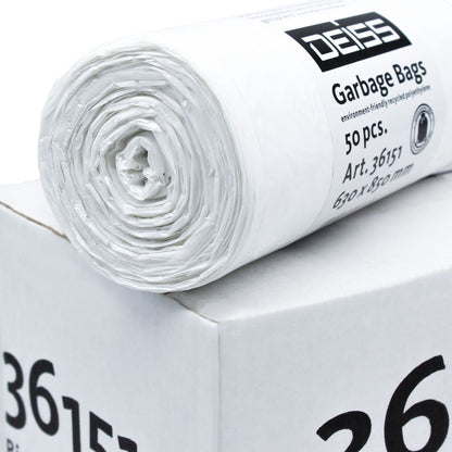 Auf einer weißen Kiste liegt eine Rolle weißer Müllsäcke, die mit 50 Stück beschriftet ist. Sie bestehen aus umweltfreundlichem Recycling-LDPE und sind mit dem Markennamen „EMIL DEISS KG (GmbH + Co.)“ gekennzeichnet. Diese DEISS LDPE Müllsäcke 80 Liter, Produktnummer 36151, bieten eine nachhaltige Möglichkeit zur Abfallbewirtschaftung.