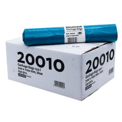Op een witte kartonnen doos met het opschrift 'DEISS Afvalzakken 120 liter Type 60, 20010, blauw' bevindt zich een rol blauwe vuilniszakken van EMIL DEISS KG (GmbH + Co.) gemaakt van gerecycled LDPE. Deze scheurbestendige zakken zijn voorzien van productdetails en identificatienummers om voor meer duurzaamheid te zorgen.