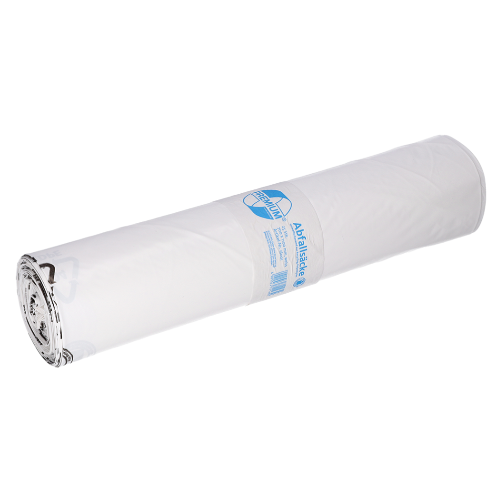 Een opgerolde witte plastic afvalzak van EMIL DEISS KG (GmbH + Co.) met een blauw etiket waarop het model DEISS 16001 - 700x1100 mm Type 60 is afgebeeld. Het etiket toont trots zijn capaciteit van 120 liter en benadrukt de inzet van het merk voor het gebruik van gerecycleerde materialen. Elke rol bevat 25 stuks.