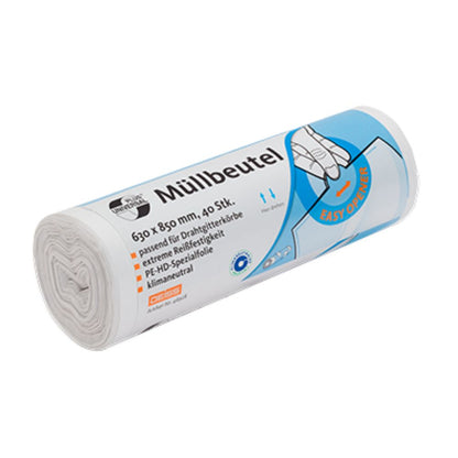 Der DEISS Universal Plus® Müllsack 80 Liter, 46928 von EMIL DEISS KG (GmbH + Co.) ist eine Rolle mit strapazierfähigen Müllbeuteln mit der Aufschrift „Müllbeutel“, mit den Abmessungen 630 x 850 mm und einer Stückzahl von 40 Stück pro Rolle. Die Verpackung enthält eine Abbildung, die ein Easy-Opener-Design hervorhebt, und bietet Materialinformationen zur Benutzerfreundlichkeit.