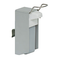 Der Novocal Desinfektionsmittelspender (1 Stück) hat einen rechteckigen Körper aus Metall und Kunststoff, einen aufklappbaren Deckel, einen Stahldrahtgriff und einen seitlichen Clip - ideal für die hygienische Händedesinfektion in öffentlichen Bereichen.