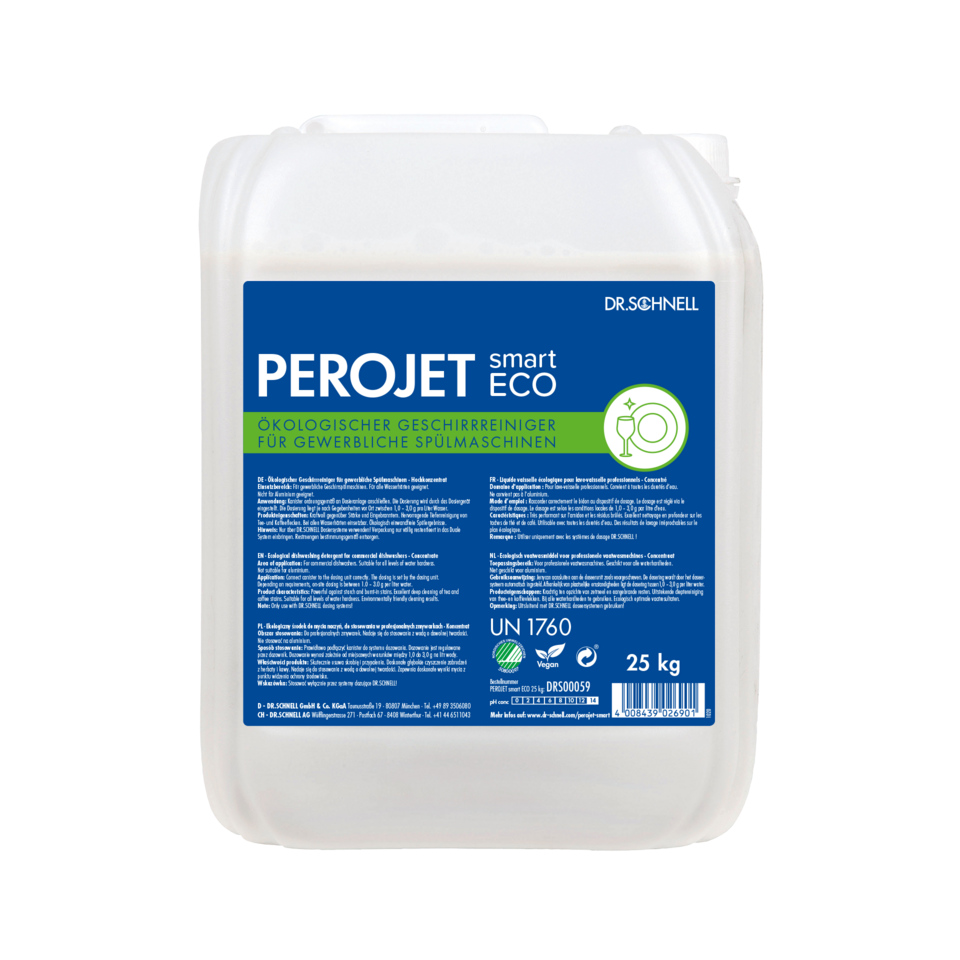 Ein weißer 25 kg Kunststoffbehälter des Dr. Schnell PEROJET smart ECO Geschirrreinigers der DR.SCHNELL GmbH & Co. KGaA, mit blauer, grüner und weißer Grafik. Das deutsche Etikett weist ihn als biologisch abbaubaren, umweltfreundlichen gewerblichen Geschirrspülreiniger aus.