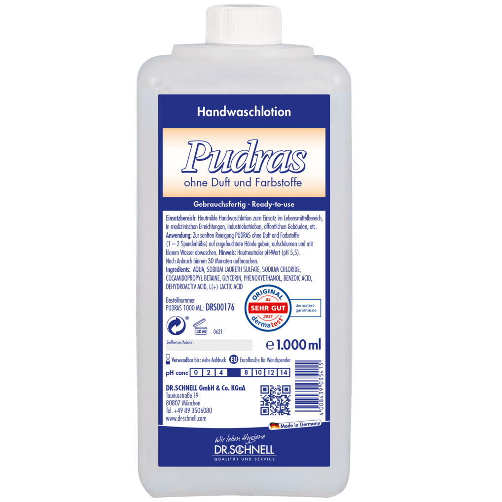 Een 1.000 ml plastic fles Dr. Schnell PUDRAS zonder geur- en kleurstoffen handwasmiddel van DR.SCHNELL GmbH & Co. KGaA, met blauw-wit etiket, productinformatie, gebruiksaanwijzing, certificeringen en hypoallergene formule voor de gevoelige huid.