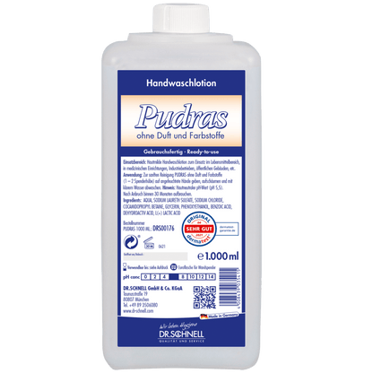 Een 1.000 ml plastic fles Dr. Schnell PUDRAS zonder geur- en kleurstoffen handwasmiddel van DR.SCHNELL GmbH & Co. KGaA, met blauw-wit etiket, productinformatie, gebruiksaanwijzing, certificeringen en hypoallergene formule voor de gevoelige huid.