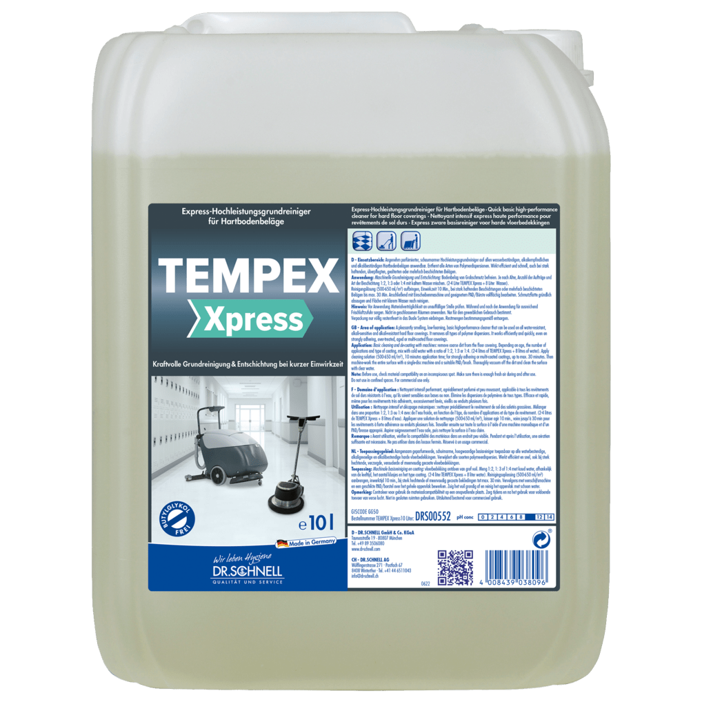 Een 10-liter kunststof jerrycan van de Dr. Schnell TEMPEX XPRESS Express-Hoogwaardig Reiniger voor harde vloeren van DR.SCHNELL GmbH & Co. KGaA, voorzien van aanwijzingen, veiligheidssymbolen en afbeeldingen van schoonmaakmachines - ideaal voor professioneel gebruik.