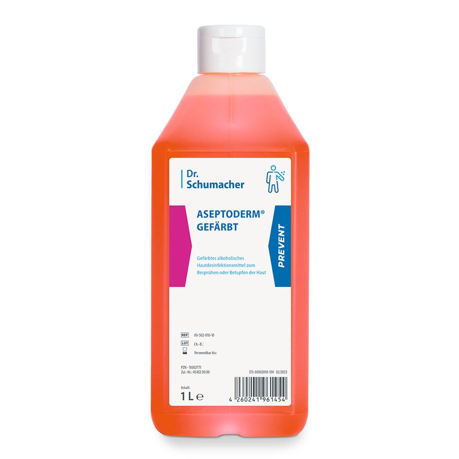 Een 1-liter fles Dr. Schumacher ASEPTODERM GEKLEURD van Dr. Schumacher GmbH met roze vloeistof, witte dop en blauw-roze etiket staat rechtop voor een eenvoudige witte achtergrond.
