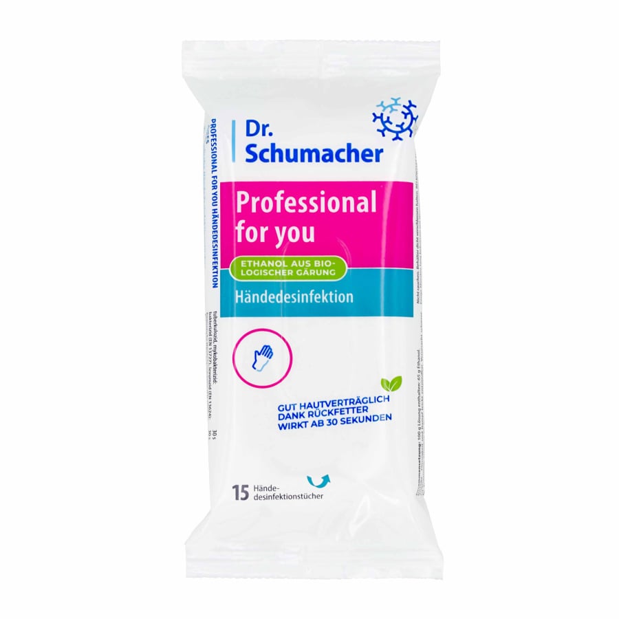 Een pakje Dr. Schumacher GmbH Professional for you handdesinfectiedoekjes, met Duitse tekst op witte verpakking en blauwe/roze accenten. Bevat 15 virucide, huidvriendelijke doekjes.