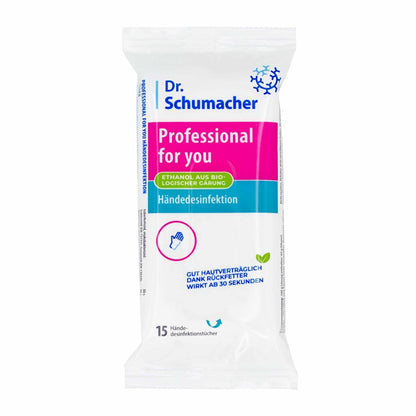 Een pakje Dr. Schumacher GmbH Professional for you handdesinfectiedoekjes, met Duitse tekst op witte verpakking en blauwe/roze accenten. Bevat 15 virucide, huidvriendelijke doekjes.