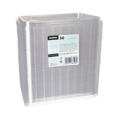 Op de afbeelding is een stapel doorzichtige plastic deksels met de tekst 'Starpak-deksel voor magnetronschalen' te zien. Op het etiket aan de voorkant staan productdetails, waaronder een recyclingsymbool en een streepjescode aan de onderkant.