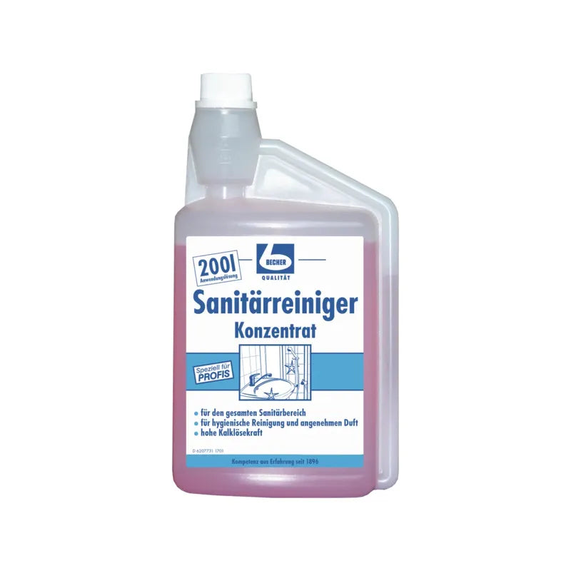 Plastic fles Dr. Becher Sanitairreiniger concentraat - 1 liter | Fles (1000 ml), een geconcentreerde badkamerreiniger voor het dagelijks onderhoud. Het etiket is in het Duits en draagt de naam van de Dr. Becher GmbH.
