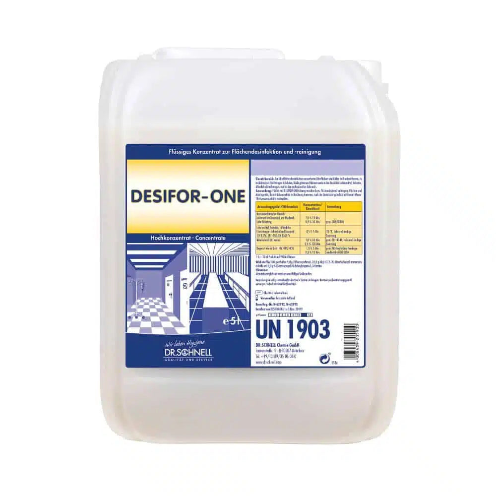 Een 5L DR.SCHNELL GmbH & Co. KGaA jerrycan met de opdruk "Dr. Schnell Desifor-One Oppervlaktedesinfectie, beperkt virucide PLUS", met Duitse veiligheidsinformatie, blauw/wit/gele blokken en een tegelvloergrafiek op het voorste etiket.