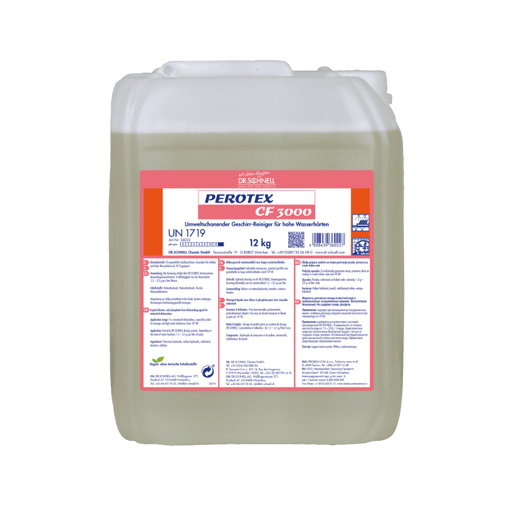 Een doorzichtige kunststofcontainer van 12 kg met handvat, gevuld met Dr. Schnell Perotex CF 3000 vaatwasmiddel van DR.SCHNELL GmbH & Co. KGaA. Het wit-rode etiket toont blauwe productinformatie en toepassingsinstructies voor hard water.