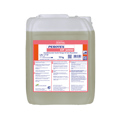 Een doorzichtige kunststofcontainer van 12 kg met handvat, gevuld met Dr. Schnell Perotex CF 3000 vaatwasmiddel van DR.SCHNELL GmbH & Co. KGaA. Het wit-rode etiket toont blauwe productinformatie en toepassingsinstructies voor hard water.