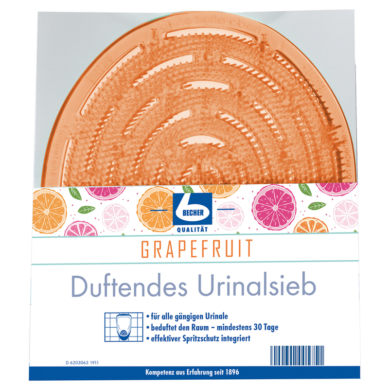 Aromatisch, naar grapefruit geurend urinoirzeef van Dr. Becher GmbH met een oranje, ronde mat die zichtbaar is door een transparante voorkant. Het etiket bevat fruitillustraties en een Duitse tekst die beschrijft