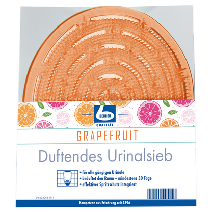 Aromatisch, naar grapefruit geurend urinoirzeef van Dr. Becher GmbH met een oranje, ronde mat die zichtbaar is door een transparante voorkant. Het etiket bevat fruitillustraties en een Duitse tekst die beschrijft