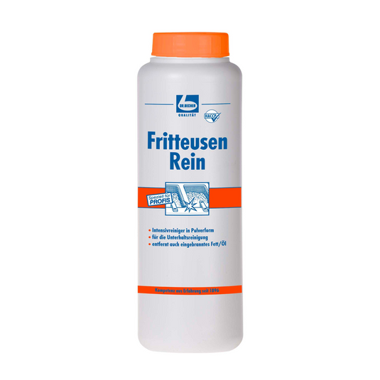 Een witte kunststof fles met oranje dop met het opschrift „Dr. Becher Friteuse Rei, Poeder“ van Dr. Becher GmbH met blauw-oranje grafiek als professionele poedervormige intensieve friteusereiniger voor het verwijderen van ingebrand vet.