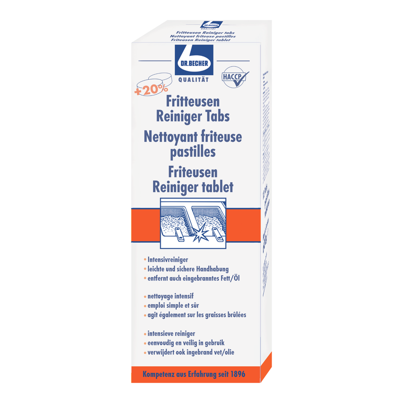 Een doos Dr. Becher friteuse reinigingstabletten voor het reinigen van friteuses, met informatie in het Duits die een 20% hogere hoeveelheid tonen. De verpakking is wit en blauw en draagt een tekst van de Dr. Becher GmbH.