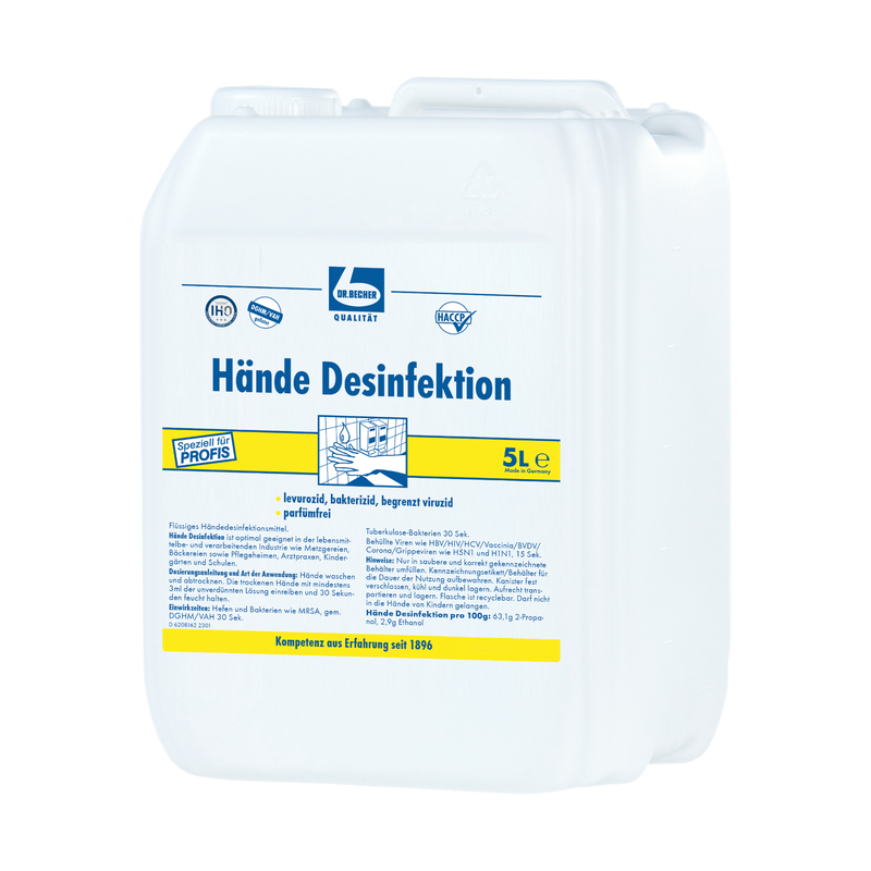 Witte 5-liter kunststof jerrycan met het opschrift „Dr. Becher Handen Desinfectie“ en blauwe en gele branding, inclusief tekst en symbolen die de virucide eigenschappen van de handdesinfectie van Dr. Becher GmbH benadrukken.