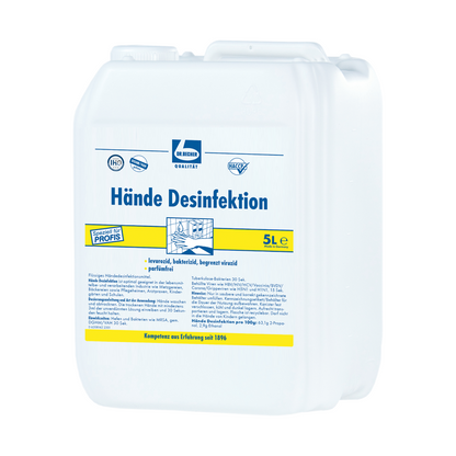 Witte 5-liter kunststof jerrycan met het opschrift „Dr. Becher Handen Desinfectie“ en blauwe en gele branding, inclusief tekst en symbolen die de virucide eigenschappen van de handdesinfectie van Dr. Becher GmbH benadrukken.