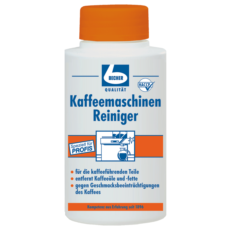 De Dr. Becher koffiemachine reiniger, 1000g fles van Dr. Becher GmbH is een witte kunststof fles met blauwe en oranje opdruk, Duitse handleiding en kwaliteits-/HACCP-logo's - perfect voor het reinigen en onderhouden van koffiemachines.