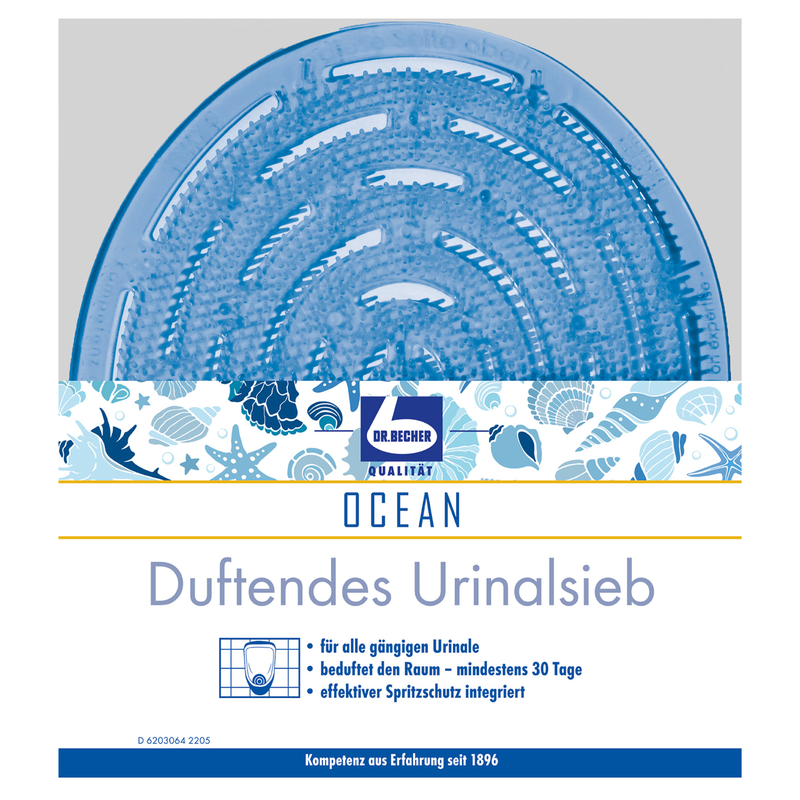 Een rond, blauw Dr. Becher Geurend Urinoirzeef met een zeemotief, vis- en golfpatroon, het opschrift „Oceaan“ en een Duitse tekst die de effectiviteit voor 30 dagen prijst. Het logo „Dr. Becher GmbH“ is ook op het urinoirzeef te zien.