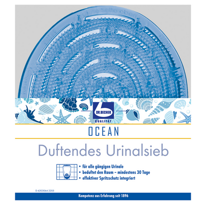 Een rond, blauw Dr. Becher Geurend Urinoirzeef met een zeemotief, vis- en golfpatroon, het opschrift „Oceaan“ en een Duitse tekst die de effectiviteit voor 30 dagen prijst. Het logo „Dr. Becher GmbH“ is ook op het urinoirzeef te zien.