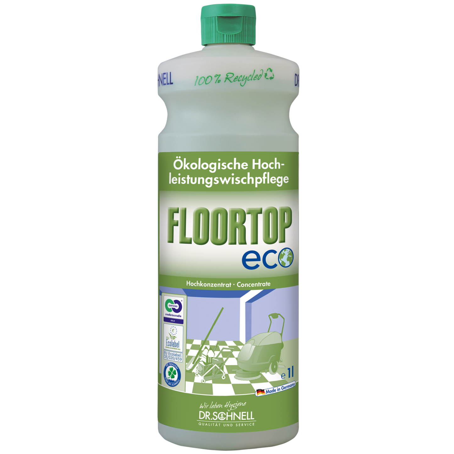 Een fles Dr. Schnell Floortop Eco vloerreiniger concentraat van DR.SCHNELL GmbH & Co. KGaA, een ecologische, zeer effectieve reiniger voor waterbestendige vloeren, met groene dop/etiket en recyclingsymbolen; gemaakt van 100% gerecycled materiaal.