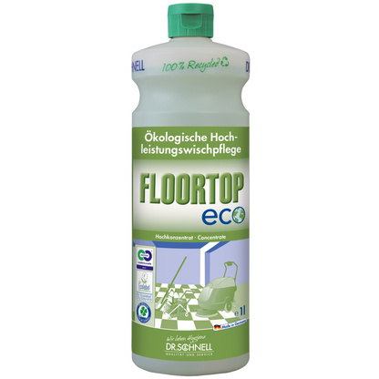 Een fles Dr. Schnell Floortop Eco vloerreiniger concentraat van DR.SCHNELL GmbH & Co. KGaA, een ecologische, zeer effectieve reiniger voor waterbestendige vloeren, met groene dop/etiket en recyclingsymbolen; gemaakt van 100% gerecycled materiaal.