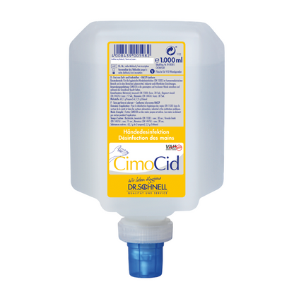 Een rechthoekige, doorschijnende kunststof fles van DR.SCHNELL GmbH & Co. KGaA met het opschrift "Dr. Schnell CIMOCID Alcoholische Handdesinfectie" en een blauwe dop aan de onderkant bevat 1000 ml handdesinfectiemiddel. Het etiket bevat meertalige instructies en productinformatie voor hygiënische desinfectie.