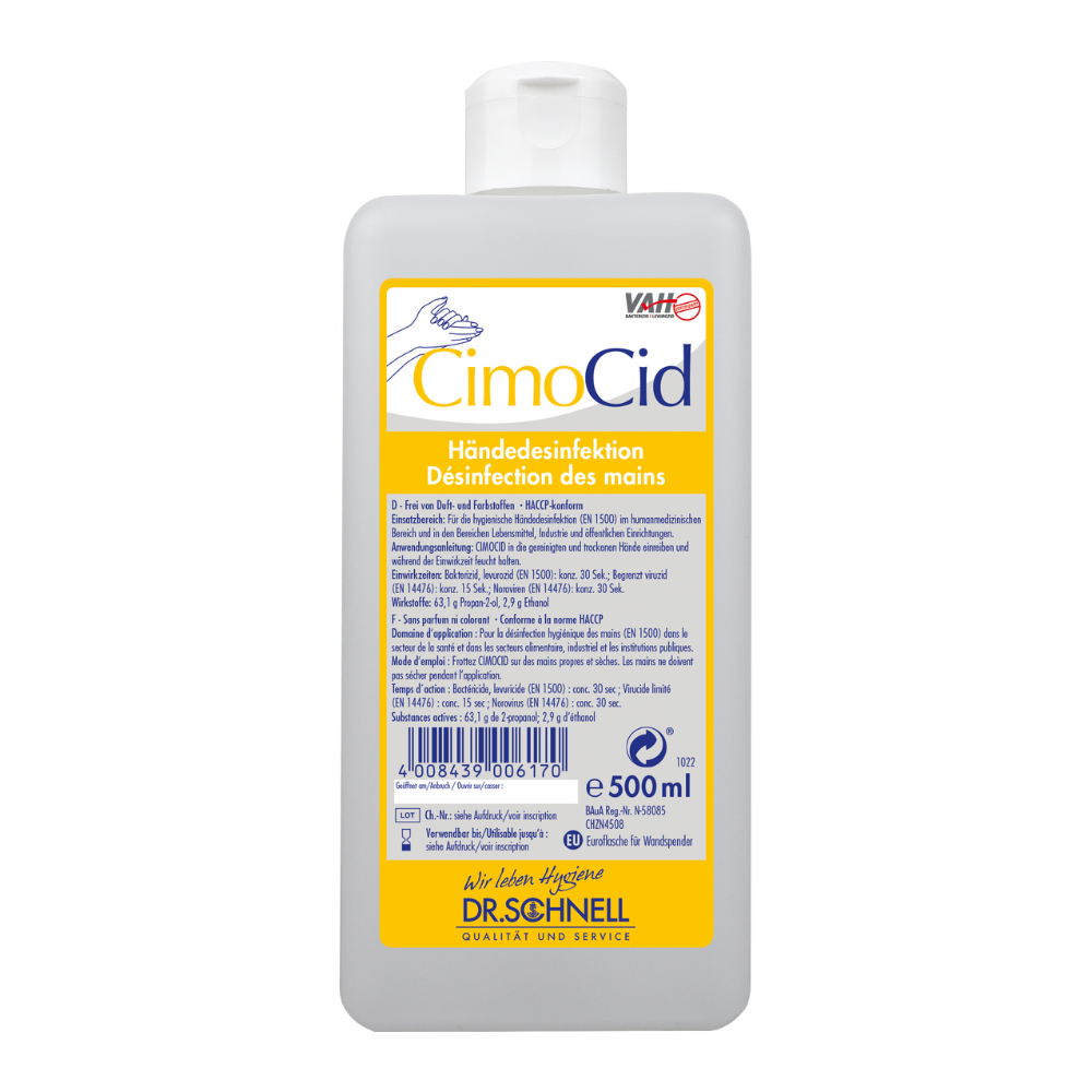Een 500 ml-fles Dr. Schnell CIMOCID Alcoholische Handdesinfectie is voorzien van een geel etiket met tekst in het Duits en Frans, dat instructies bevat voor hygiënische handdesinfectie. De fles is uitgerust met een witte klapsluiting en heeft in de linkerbenedenhoek een barcode voor gemakkelijke toegang tot productdetails, geproduceerd door DR.SCHNELL GmbH & Co. KGaA.