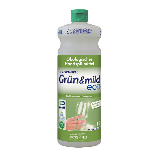 Dr. Schnell GRÜN & MILD ECO, een zuinig ecologisch afwasmiddel voor de hand, is verkrijgbaar in een wit-groene plastic fles. Op het etiket staat een afbeelding van een hand die een wijnglas afwast, en een Duitse tekst waarin de ecologische voordelen en huidvriendelijke eigenschappen worden benadrukt. De fles, vervaardigd door DR.SCHNELL GmbH & Co. KGaA, is voorzien van een groene dop met HACCP-certificaat.