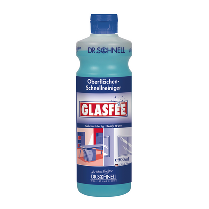 Afgebeeld is een 500 ml fles Dr. Schnell GlasFee glasreiniger van DR.SCHNELL GmbH & Co. KGaA. De blauwe verpakking is voorzien van een etiket met reinigingsinstructies in het Duits en Engels, versierd met afbeeldingen van te reinigen oppervlakken en afgerond met een lichtblauwe dop die het totaalontwerp aanvult.