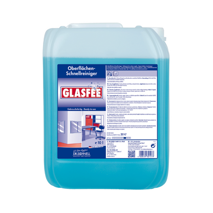 Een blauwe 10-liter container met Dr. Schnell GlasFee glasreiniger van DR.SCHNELL GmbH & Co. KGaA, ideaal voor het reinigen van oppervlakken. Het etiket aan de voorkant bevat instructies en productdetails en toont een afbeelding van vlekkeloze oppervlakken zoals een bureaublad en glazen wanden.