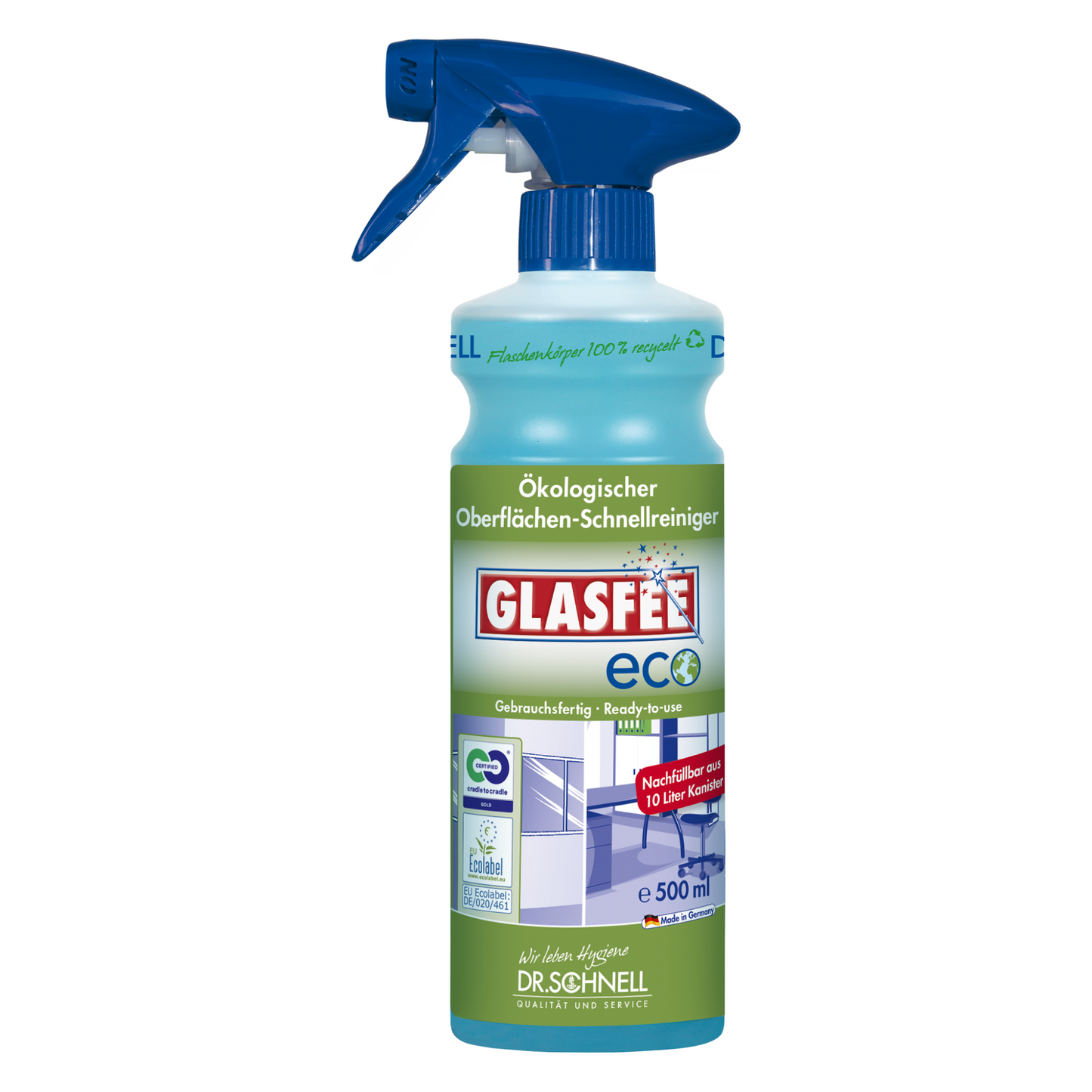 Een 500 ml spuitfles met Dr. Schnell GlasFee Eco van DR.SCHNELL GmbH & Co. KGaA zorgt voor residuvrije reiniging. De groene fles met blauwe spuitdop met huissymbool en Duitse tekst benadrukt zijn functie als gebruiksklare, ecologische snelreiniger voor oppervlakken.