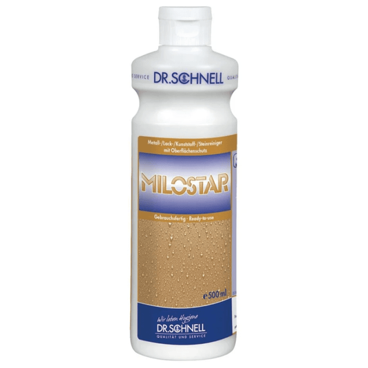 Witte plastic fles van 500 ml van Dr. Schnell MILOSTAR reinigingsmiddel voor metaal, lak en kunststof van DR.SCHNELL GmbH & Co. KGaA, met een blauw-wit Duits etiket met productgegevens en merklogo.
