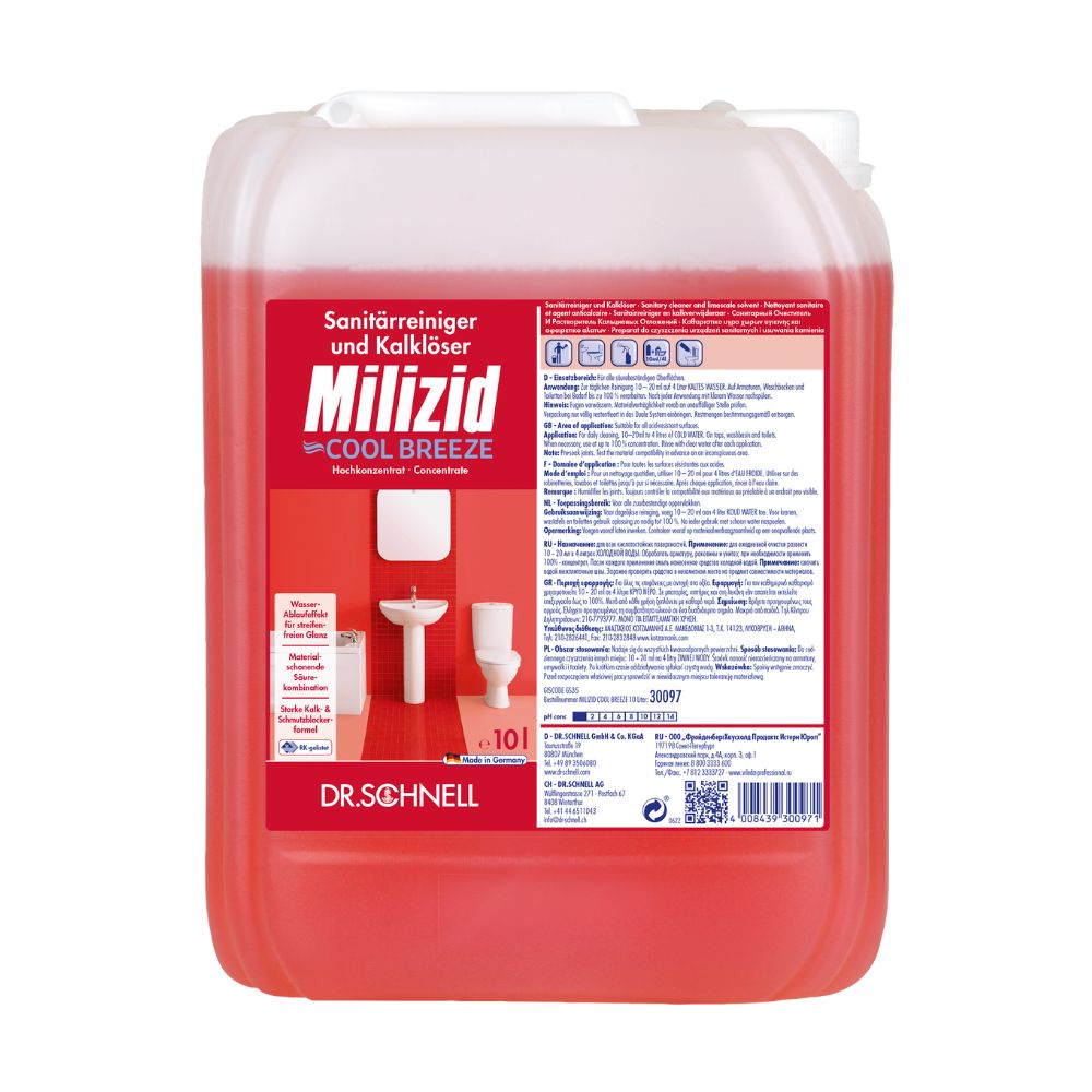 Een rode 10-liter container met Dr. Schnell Milizid Cool Breeze sanitairreiniger en kalkoplosser van DR.SCHNELL GmbH & Co. KGaA, ontworpen voor de desodoriserende reiniging met sanitairreiniger- en kalkoplossende eigenschappen. Het voorste etiket bevat afbeeldingen van een toilet en tegels, evenals productdetails en Duitse tekst.