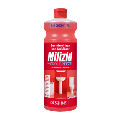 Een fles Dr. Schnell Milizid Cool Breeze sanitairreiniger en kalkoplosser, vervaardigd door DR.SCHNELL GmbH & Co. KGaA, heeft een rood etiket met afbeeldingen van een wastafel en een toilet. De Duitse beschrijving benadrukt de effectiviteit als geconcentreerde reiniger voor de desodorering van sanitaire taken.