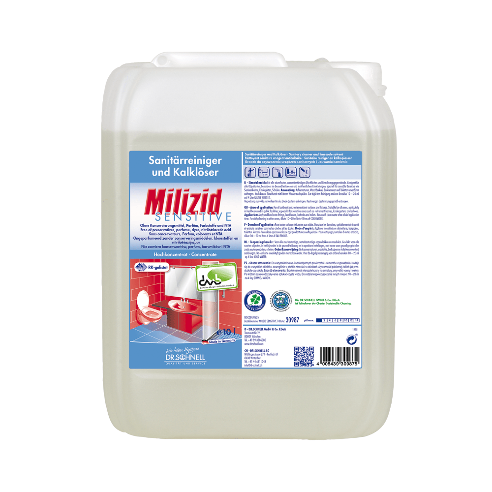 Een container met Dr. Schnell Milizid Sensitive Sanitairreiniger en Kalkverwijderaar, een product van DR.SCHNELL GmbH & Co. KGaA. Hij heeft een blauw etiket met productdetails en afbeeldingen van een wastafel en een toilet op zuurbestendige oppervlakken. De doorzichtige container is afgesloten met een witte dop.