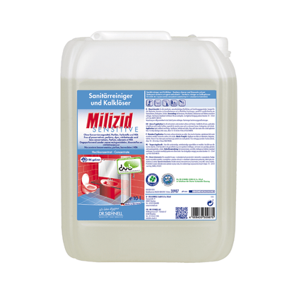 Een container met Dr. Schnell Milizid Sensitive Sanitairreiniger en Kalkverwijderaar, een product van DR.SCHNELL GmbH & Co. KGaA. Hij heeft een blauw etiket met productdetails en afbeeldingen van een wastafel en een toilet op zuurbestendige oppervlakken. De doorzichtige container is afgesloten met een witte dop.