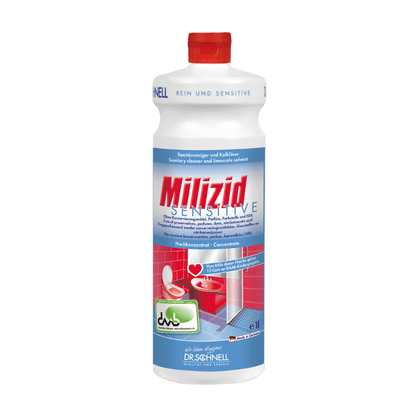 Een fles Dr. Schnell Milizid Sensitive Sanitairreiniger en Kalkverwijderaar met rode sluiting is speciaal ontworpen voor zuurbestendige oppervlakken. De functie als reiniger en kalkverwijderaar voor gevoelige gebieden wordt benadrukt door afbeeldingen van een toilet en een douche op het etiket. De merknaam „DR.SCHNELL GmbH & Co. KGaA“ is prominent aan de onderkant aangebracht.