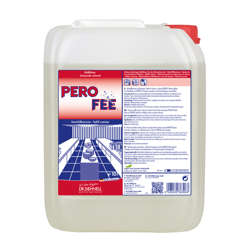 Een grote witte plastic container met een rode deksel draagt het opschrift "Dr. Schnell PeroFee Kalkverwijderaar, gebruiksklaar", is voorzien van Duitse tekst en een afbeelding van een gestileerde badkamer met wastafels en spiegels, en is daarom ideaal voor zuurbestendige oppervlakken. De door DR.SCHNELL GmbH & Co. KGaA vervaardigde 10-liter container is ontworpen voor het opnemen van reinigingsoplossingen.