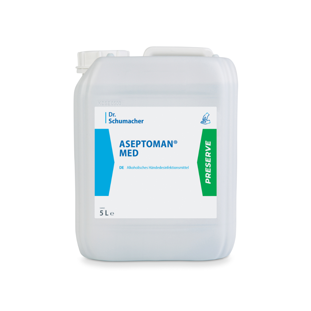 Weißer 5-Liter-Kunststoffkanister Dr. Schumacher Aseptoman® med Händedesinfektion, ausgestattet mit Etiketten in Blau und Grün mit Produktinformationen.