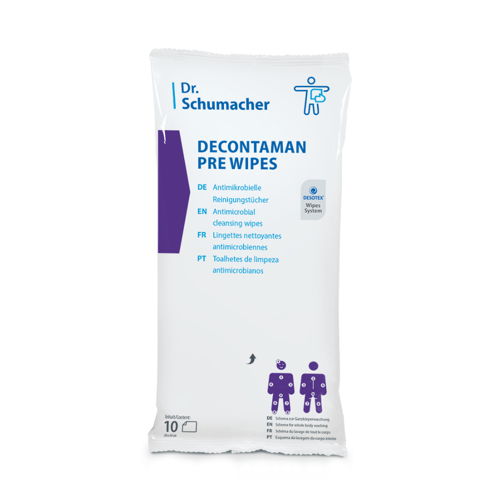 De afbeelding toont een verpakking Dr. Schumacher Decontaman Pre Wipes reinigingsdoekjes van Dr. Schumacher GmbH, ideaal voor de antimicrobiële reiniging. De witte verpakking is voorzien van blauwe en paarse tekst en biedt productdetails in meerdere talen, samen met toepassingsillustraties en een vermelding van 10 doekjes die 2% chloorhexidine bevatten.