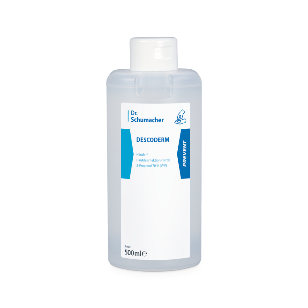 Afgebeeld is een 500ml-fles Descoderm huiddesinfectie van Dr. Schumacher GmbH. De transparante fles met witte klapdop is voorzien van een etiket met blauw-witte details dat aangeeft dat het product 70% 2-propanol (v/v) bevat. Dit parfumvrije desinfectiemiddel zorgt voor een effectieve hand- en huiddesinfectie.