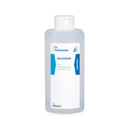 Afgebeeld is een 500ml-fles Descoderm huiddesinfectie van Dr. Schumacher GmbH. De transparante fles met witte klapdop is voorzien van een etiket met blauw-witte details dat aangeeft dat het product 70% 2-propanol (v/v) bevat. Dit parfumvrije desinfectiemiddel zorgt voor een effectieve hand- en huiddesinfectie.
