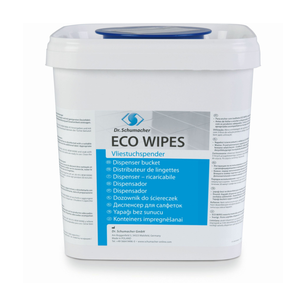 Afbeelding van een witte bus met het opschrift „Dr. Schumacher Eco Wipes Vliestuchspender, eckig | Spender (1 Stück).“ De bus met blauwe dispenserdeksel dient als herbruikbare dispenser voor doekjes. Tekst in meerdere talen wijst erop dat deze door Dr. Schumacher GmbH in Duitsland wordt geproduceerd.