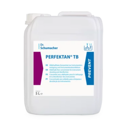 Een witte 5-liter container met Dr. Schumacher PERFEKTAN TB instrumentendesinfectie van Dr. Schumacher GmbH. Het etiket bevat meertalige tekst en wijst erop dat het een geconcentreerde oplossing is voor instrumentenreiniging en -desinfectie, die materiaalvriendelijk werkt en antimicrobiële werkzaamheid biedt. De container heeft bovenaan een klein handvat.