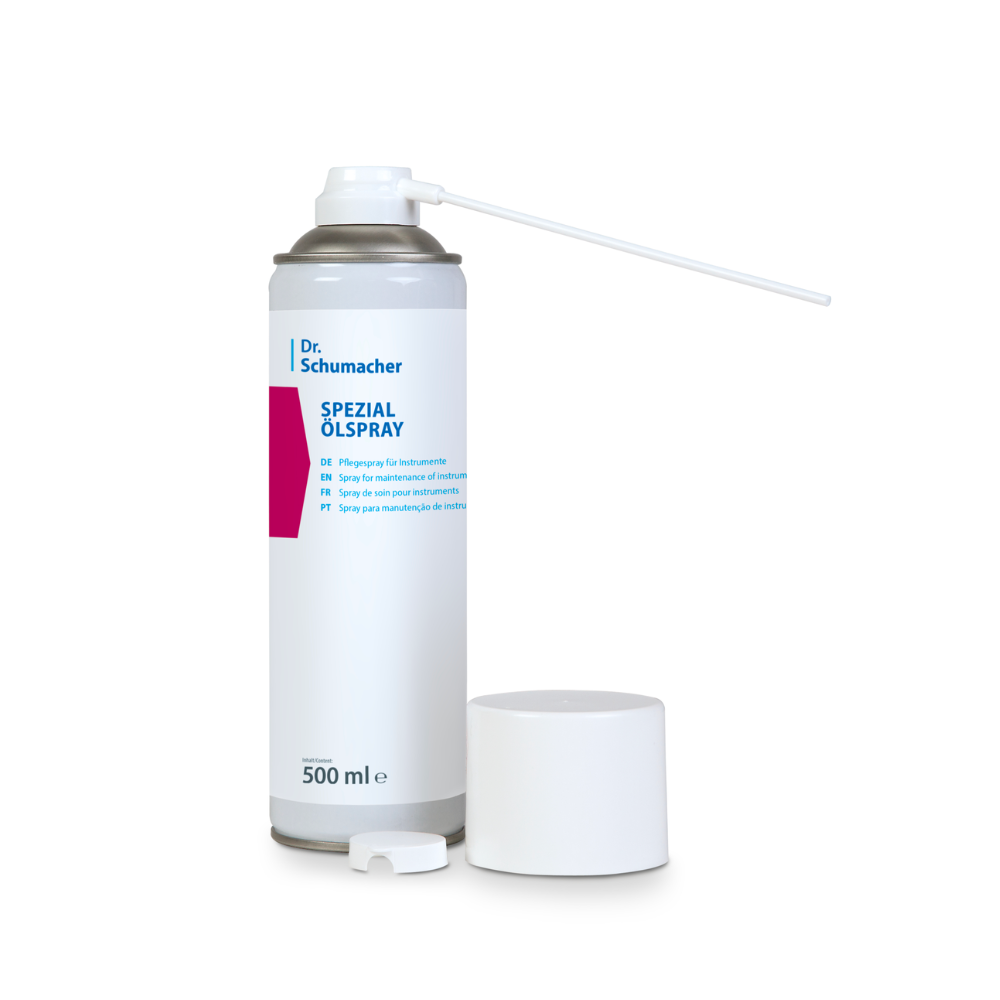 Een blik Dr. Schumacher Speciale Olie Spray voor instrumenten | Blik (500 ml) van Dr. Schumacher GmbH wordt zonder dop getoond. Het witte blik met grijze spuitmond en verlengde spuitbuis voor nauwkeurige toepassing is de perfecte onderhoudsspray voor medische instrumenten. Het 500 ml-blik bevat een meertalige handleiding op het etiket.