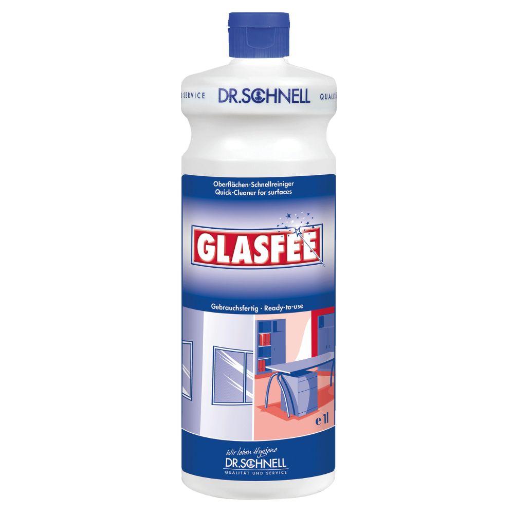 Een 1-liter fles Dr. Schnell GlasFee glasreiniger van DR.SCHNELL GmbH & Co. KGaA heeft een blauw-wit etiket met blauwe dop en toont schone, streeploze glas- en bureaubladoppervlakken; bevat kant-en-klare oppervlaktereiniger.